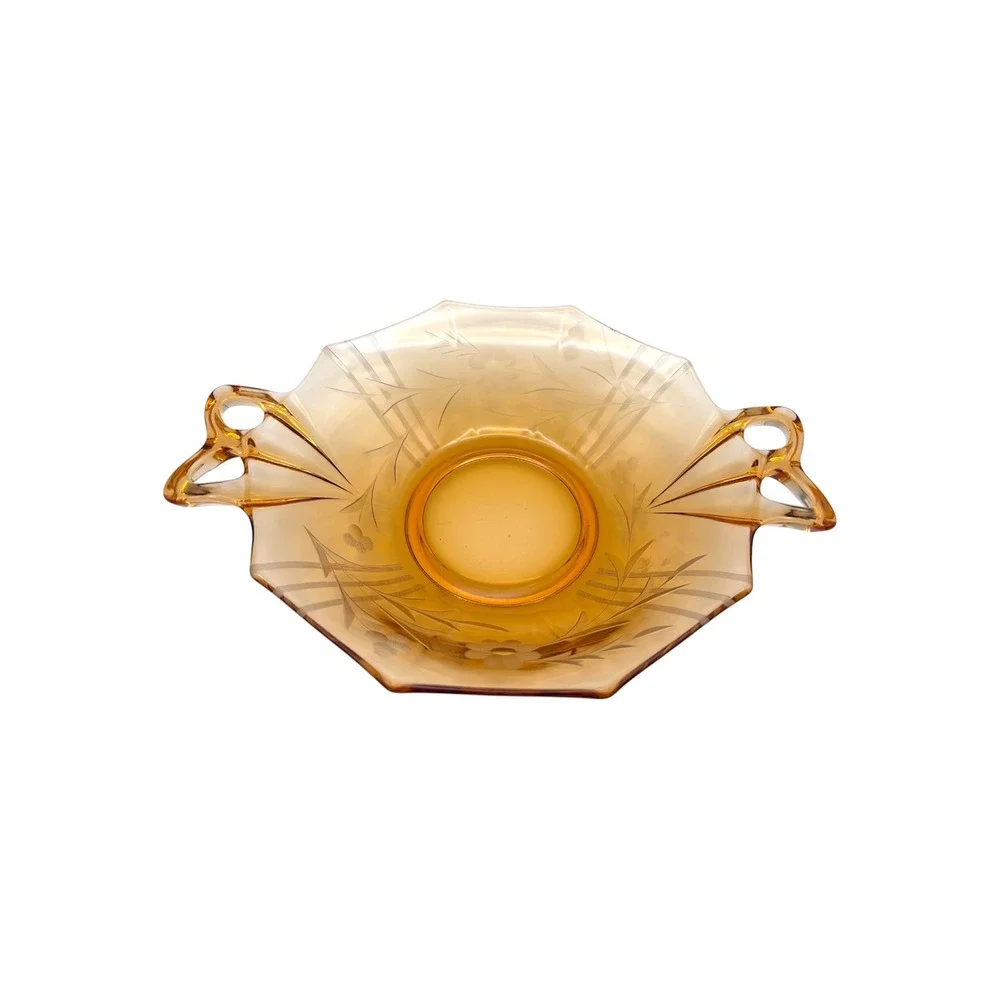 VTG Art Deco Amber Glass Console Bowl Etched Floral Cutout Handles Centerpiece